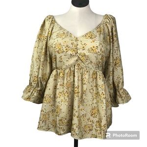 Girl Soul peplum blouse Sz 2X color yellow floral 3/4 circular sleeves pullover
